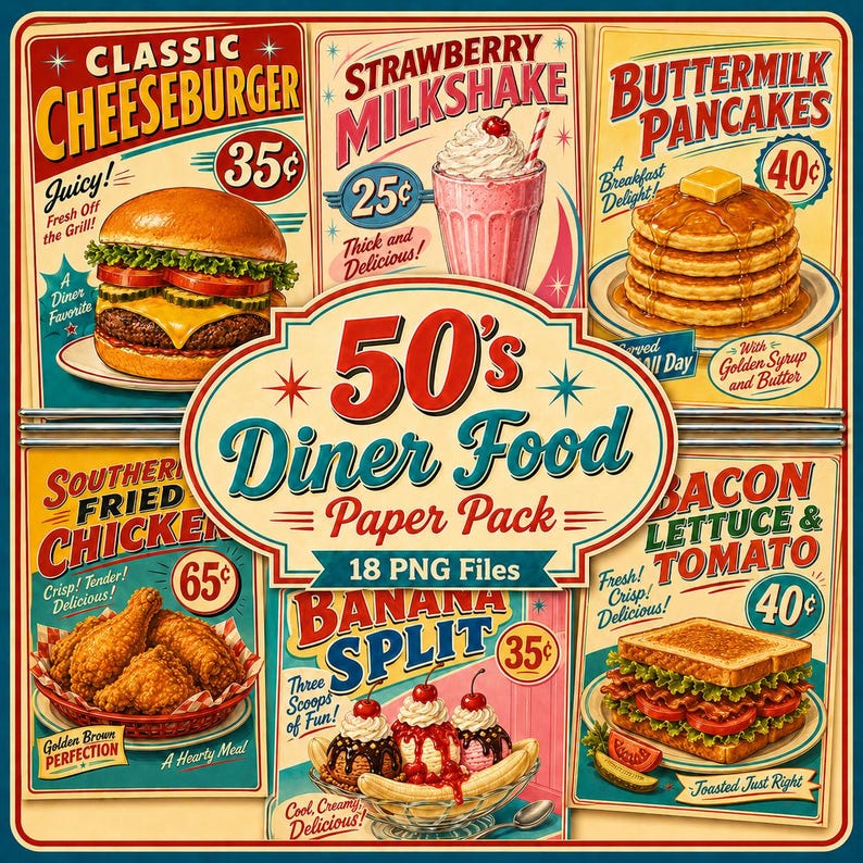 Papperspaket med mat från 50-talet, storlek 8x12, utskrivbara retro-skräpjournalsidor, amerikanska affischklippböcker, ephemera-brevpapper, digital nedladdning bild 1