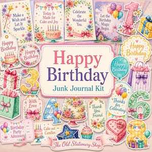 Puede incluir: Una colección de efímeros de papel con temática de cumpleaños que incluye tarjetas, etiquetas de regalo y números con ilustraciones de pasteles, globos, regalos y motivos florales. El letrero central dice Happy Birthday Junk Journal Kit.