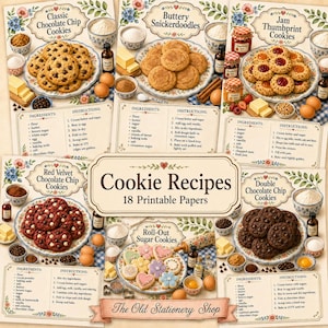 Op de afbeelding: Een verzameling van 18 printbare koekjesrecepten met illustraties van klassieke chocolate chip cookies, snickerdoodles, jamkoekjes, red velvet koekjes, suikerkoekjes en dubbele chocoladekoekjes, inclusief ingrediënten en instructies.