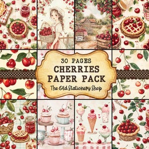 Pacote de papel com cerejas, diário de 30 páginas para impressão, itens de scrapbooking Cottagecore, folhas de papelaria com cerejas e frutas, download digital em PNG