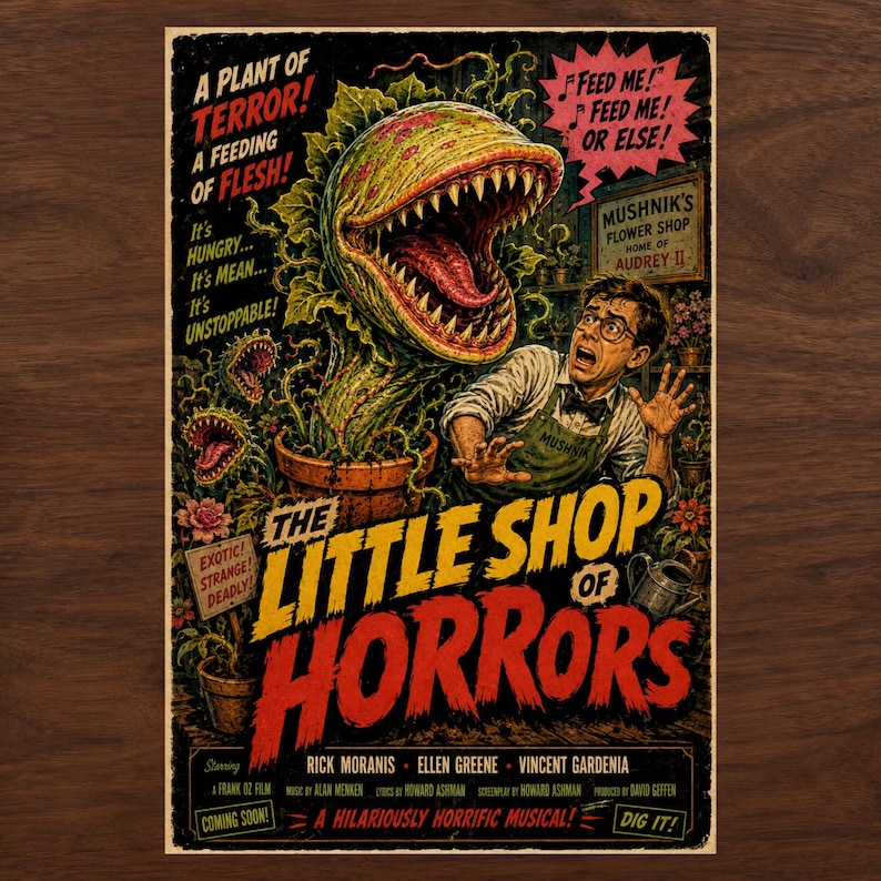 K&ouml;nnte beinhalten: Ein Filmplakat f&uuml;r The Little Shop of Horrors mit einer gro&szlig;en, zahnigen gr&uuml;nen Pflanze in einem Topf und einem Mann in einer gr&uuml;nen Sch&uuml;rze. Der Text lautet A PLANT OF TERROR, FEED ME, MUSHNIK'S FLOWER SHOP und THE LITTLE SHOP OF HORRORS.