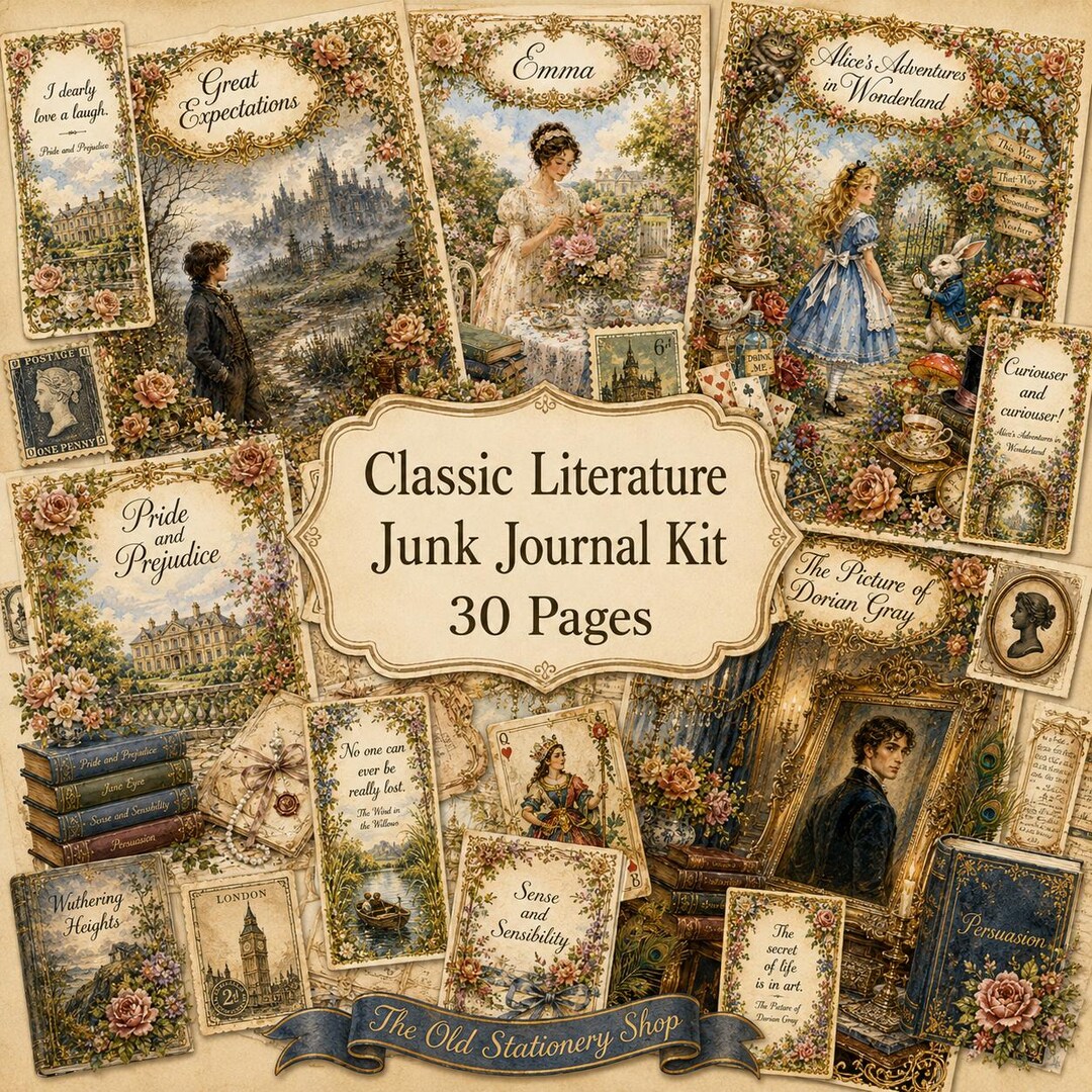 Classic Literature Junk Journal Kit - 22 Paper Pack + 132 Ephemera Set ...