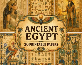 Peut inclure: Un ensemble de 30 papiers imprimables sur le thème de l'Égypte ancienne, incluant des illustrations d'une reine, de Râ, d'un phénix et des hiéroglyphes. L'étiquette centrale indique ANCIENT EGYPT 30 PRINTABLE PAPERS et THE OLD STATIONERY SHOP.