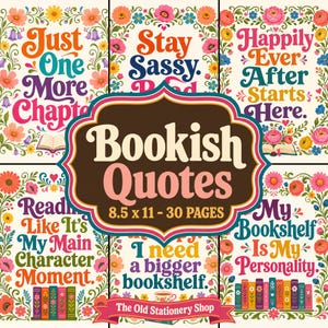 以下が含まれることがあります： 21.6 x 27.9 cmのページに印刷された読書に関する引用集。各ページにはカラフルな花の縁取りと、Just One More Chapter、Stay Sassy、Happily Ever After、My Bookshelf Is My Personalityなどのフレーズがタイポグラフィでデザインされています。