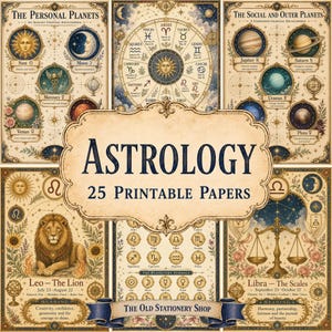 Paquete de papeles de astrología, 30 páginas imprimibles, diario de estilo grimorio vintage, significados de los signos del zodiaco, papelería celestial, efímeros, DESCARGA DIGITAL