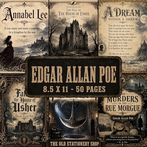 May include: A collection of Edgar Allan Poe themed pages featuring gothic illustrations and text from works like Annabel Lee, The Fall of the House of Usher, A Dream Within a Dream, and The Murders in the Rue Morgue. The pages measure 21.6 x 27.9 cm.