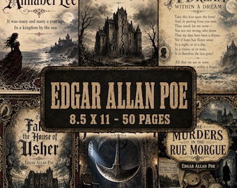 Edgar Allan Poe Paper Pack, 8.5x11, Set of 50 Printable Pages, Classic Books Junk Journal, Vintage Dark Gothic Stationery DIGITAL DOWNLOAD
