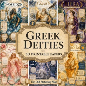 May include: A collection of printable papers featuring Greek deities including Poseidon, Zeus, Hera, Aphrodite, and Apollo. Each section displays detailed illustrations, descriptive text, and symbols related to the specific god or goddess, with the central text reading GREEK DEITIES 30 PRINTABLE PAPERS and The Old Stationery Shop.