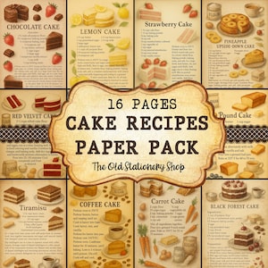 Könnte beinhalten: Ein Vintage-Papierpaket mit 16 Kuchenrezepten. Die Rezepte umfassen Schokoladen-, Zitronen-, Erdbeer-, Red Velvet-, Tiramisu-, Kaffee-, Karotten- und Schwarzwälder-Kirsch-Kuchen. Jedes Rezept wird mit Illustrationen der fertigen Kuchen angezeigt.