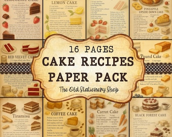 Cake Recipes Paper Pack, 16 Pages Vintage Baking Junk Journal, Food Scrapbooking Ephemera Planner Inserts Stationery PNG DIGITAL DOWNLOAD