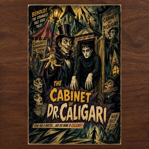K&ouml;nnte beinhalten: Ein Plakat im Vintage-Stil f&uuml;r Das Cabinet des Dr. Caligari mit einem Mann im Zylinder, der auf einen aus einem Schrank tretenden Somnambulen deutet. Das Bild verwendet dunkle, ged&auml;mpfte T&ouml;ne mit gelbem Text: Behold! The strangest tale ever told!