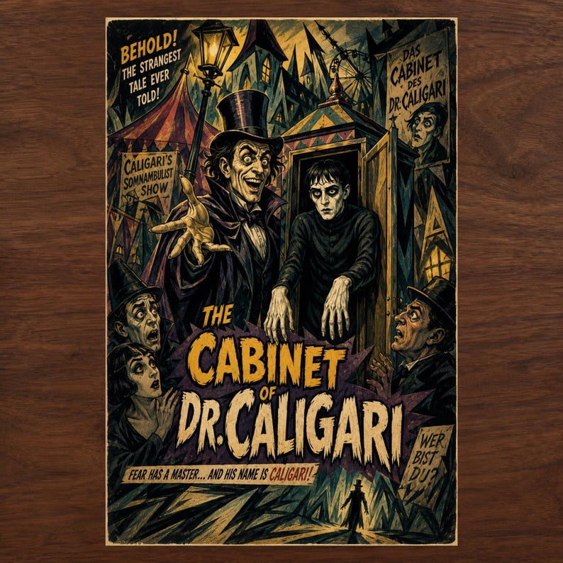 K&ouml;nnte beinhalten: Ein Plakat im Vintage-Stil f&uuml;r Das Cabinet des Dr. Caligari mit einem Mann im Zylinder, der auf einen aus einem Schrank tretenden Somnambulen deutet. Das Bild verwendet dunkle, ged&auml;mpfte T&ouml;ne mit gelbem Text: Behold! The strangest tale ever told!