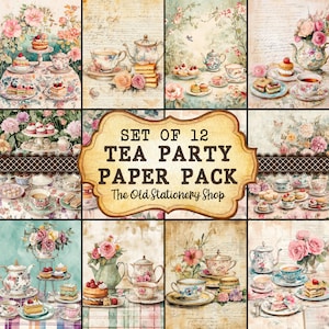 Paquet de papier Tea Party vintage Junk Journal Pages imprimables Scrapbooking Ephemera Retro Antique Planner Insert Papeterie TÉLÉCHARGEMENT NUMÉRIQUE PNG