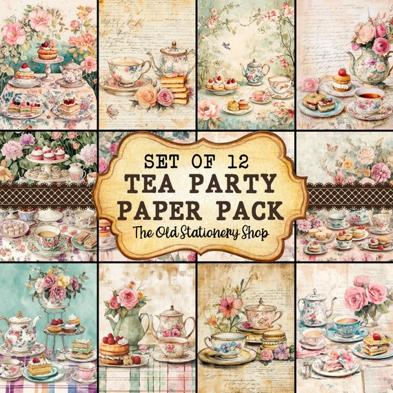 Tea Party Paper Pack Vintage Junk Journal Printable Pages Scrapbooking Ephemera Retro Antique Planner Insert Stationery PNG DIGITAL DOWNLOAD
