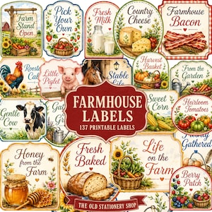 May include: A collection of 137 printable farmhouse labels featuring illustrations of farm animals, fresh produce, dairy, and baked goods with text including Farm Stand Open, Fresh Milk, Country Cheese, Farmhouse Bacon, and Life on the Farm.
