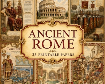 Peut inclure: Un ensemble de 35 papiers imprimables sur le thème de la Rome antique, incluant des illustrations d'Auguste, du Colisée, de légionnaires romains, de Constantin et d'un marché, encadrés par des bordures décoratives de style ancien.