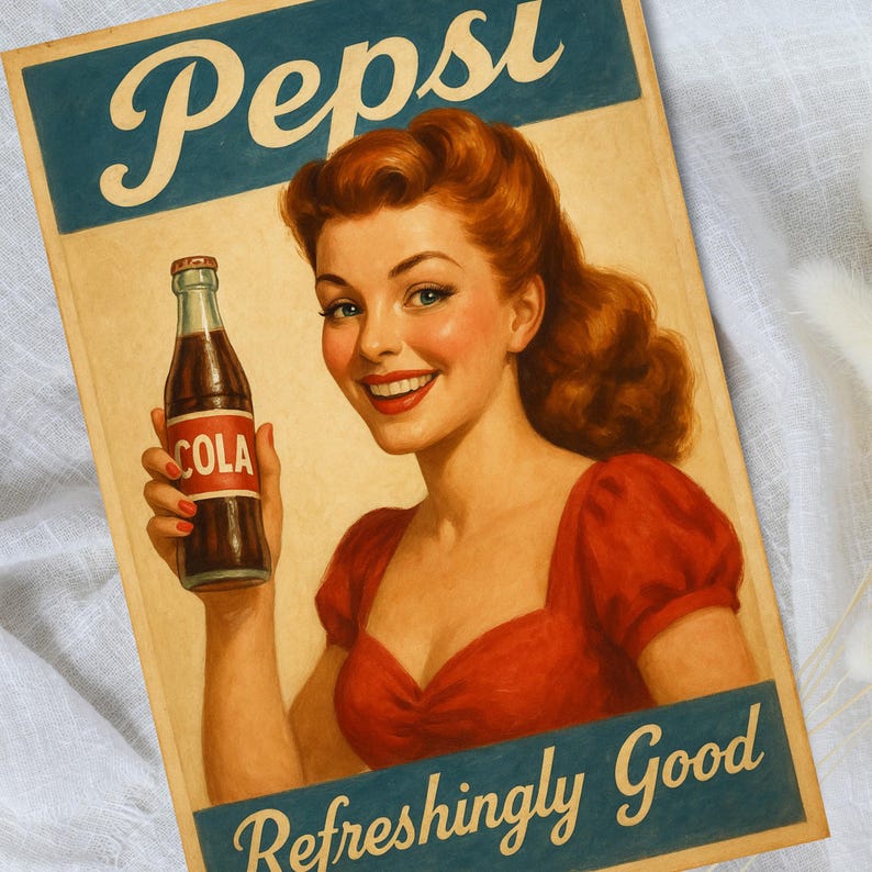 Peut inclure: Ancienne affiche publicitaire Pepsi. Elle pr&eacute;sente une femme souriante aux cheveux roux et une robe rouge tenant une bouteille de cola. L'affiche a un design r&eacute;tro avec le logo Pepsi et les mots "Refreshingly Good". La palette de couleurs comprend le rouge, le bleu et le beige.