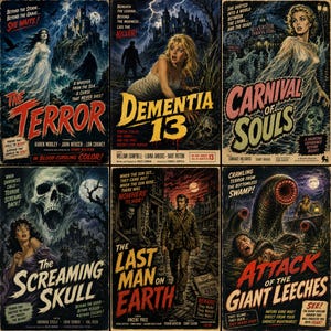 K&ouml;nnte beinhalten: Eine Sammlung von sechs Vintage-Horrorfilmplakaten mit The Terror, Dementia 13, Carnival of Souls, The Screaming Skull, The Last Man on Earth und Attack of the Giant Leeches, jeweils mit dramatischen Illustrationen und auff&auml;lliger Typografie.
