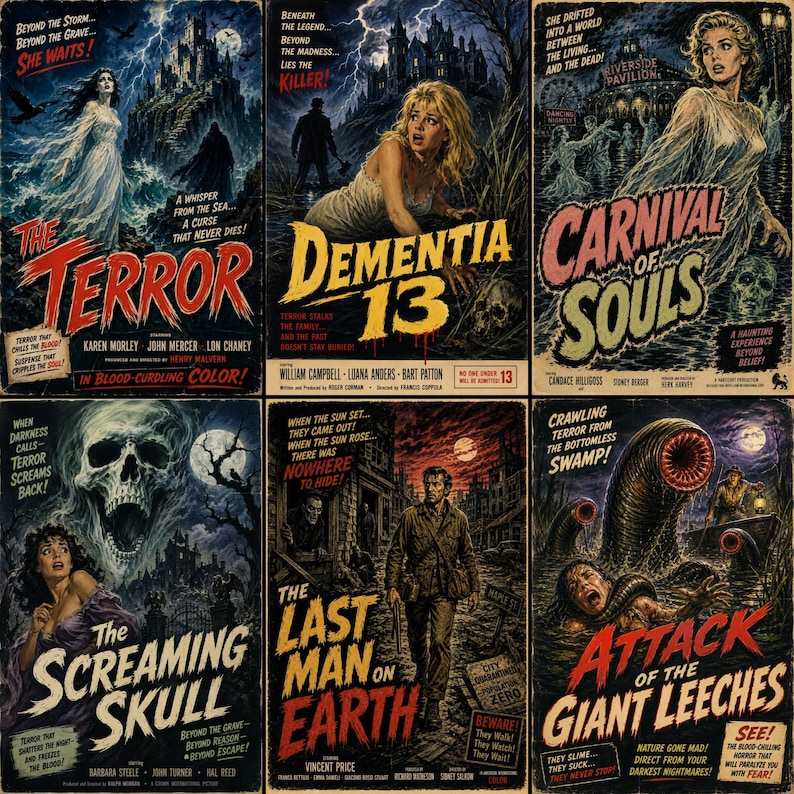 K&ouml;nnte beinhalten: Eine Sammlung von sechs Vintage-Horrorfilmplakaten mit The Terror, Dementia 13, Carnival of Souls, The Screaming Skull, The Last Man on Earth und Attack of the Giant Leeches, jeweils mit dramatischen Illustrationen und auff&auml;lliger Typografie.