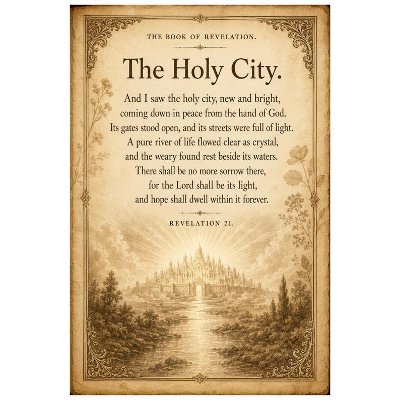 Puede incluir: Una impresi&oacute;n en tonos sepia con el texto del Libro de Apocalipsis, La Ciudad Santa y Apocalipsis 21. La ilustraci&oacute;n muestra una ciudad radiante con agujas sobre un r&iacute;o, enmarcada por bordes ornamentados y motivos florales sobre fondo de pergamino.