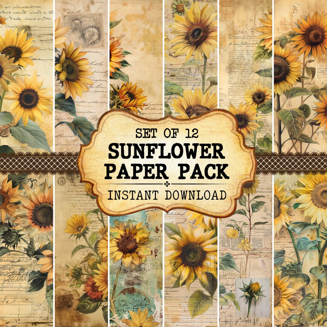 Sunflower Paper Pack Printable Junk Journal Pages Vintage Art Floral ...