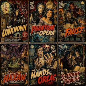 K&ouml;nnte beinhalten: Eine Sammlung von sechs Horrorfilmplakaten im Vintage-Stil mit The Unknown, The Phantom of the Opera, Faust, H&auml;xan, The Hands of Orlac und The Student of Prague. Jedes Plakat zeigt detaillierte, d&uuml;stere und dramatische Illustrationen mit Text.