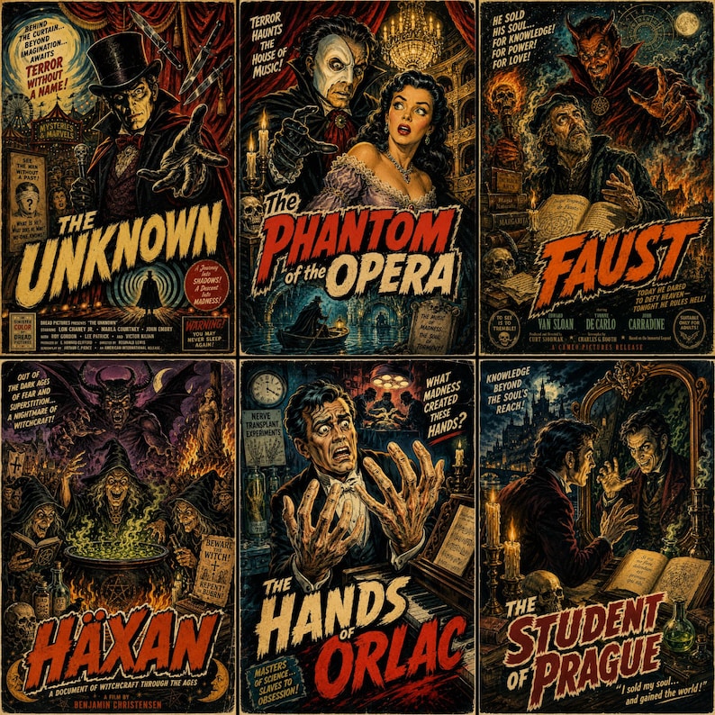 K&ouml;nnte beinhalten: Eine Sammlung von sechs Horrorfilmplakaten im Vintage-Stil mit The Unknown, The Phantom of the Opera, Faust, H&auml;xan, The Hands of Orlac und The Student of Prague. Jedes Plakat zeigt detaillierte, d&uuml;stere und dramatische Illustrationen mit Text.