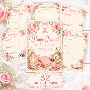 May include: A collection of prayer journal pages featuring pink floral borders, a central Prayer Journal cover with a Bible and church illustration, and text including Daily Prayer, Scripture Reflection, Gratitude & Grace, and 32 journal pages.