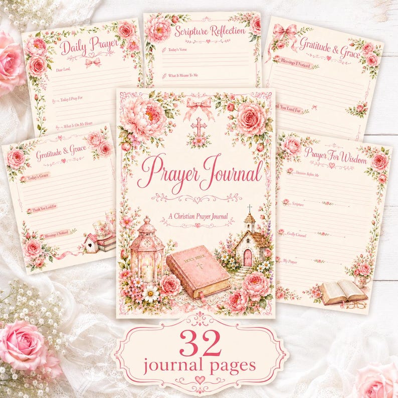 May include: A collection of prayer journal pages featuring pink floral borders, a central Prayer Journal cover with a Bible and church illustration, and text including Daily Prayer, Scripture Reflection, Gratitude & Grace, and 32 journal pages.