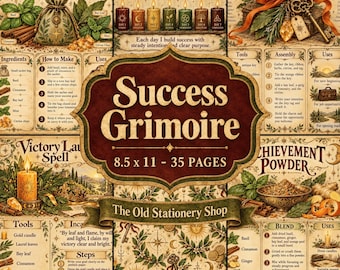 以下が含まれることがあります： 21.59 x 27.94 cm、35ページのSuccess Grimoireブックページセット。ページには、ハーブ、キャンドル、鍵のヴィンテージ風イラストと、Success Sachet、Seven-Day Success Ritual、Victory Spellなどの儀式の手順が記載されています。