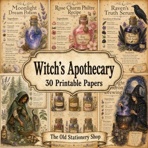 May include: A collection of 30 printable papers titled Witch's Apothecary from The Old Stationery Shop. The designs feature vintage-style illustrations of potion bottles, ingredients, a witch with a cat, and a cauldron, all with detailed text.