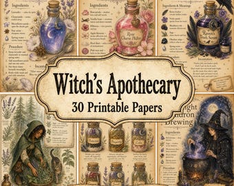 May include: A collection of 30 printable papers titled Witch's Apothecary from The Old Stationery Shop. The designs feature vintage-style illustrations of potion bottles, ingredients, a witch with a cat, and a cauldron, all with detailed text.