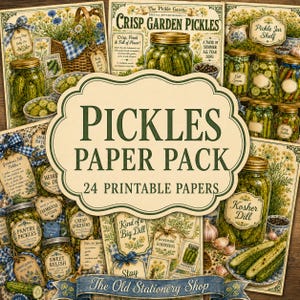 Pode incluir: Uma coleção de 24 papéis imprimíveis com ilustrações de potes de vidro cheios de picles, endro e ervas de jardim. Os designs incluem etiquetas com texto como Crisp Garden Pickles, Pickle Jar Shelf e Pickles Paper Pack 24 Printable Papers.