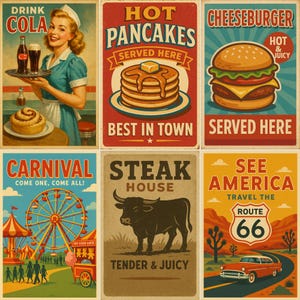 Peut inclure: Ensemble d'enseignes vintage sur le th&egrave;me des diners et des voyages. Les panneaux annoncent du cola, des cr&ecirc;pes, des cheeseburgers, une f&ecirc;te foraine, un steak house et la Route 66. Chaque enseigne a un style r&eacute;tro.