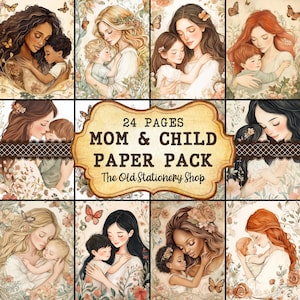 May include: A digital paper pack containing 24 pages of illustrations depicting mothers and children. The illustrations are in a watercolour style and feature a variety of mothers and children with different skin tones and hair colours. The illustrations are surrounded by floral designs and butterflies. The text "24 PAGES MOM & CHILD PAPER PACK The Old Stationery Shop" is displayed on a vintage-style banner.