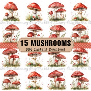 15 Mushroom PNG Bundle, Clipart di funghi rossi ad acquerello, Decorazione di funghi stampabile, Stampe artistiche da parete Cottagecore Fairycore DOWNLOAD DIGITALE