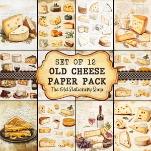 Puede incluir: Un conjunto de 12 diseños de papel digital que presentan varios tipos de queso, incluidos cheddar, brie y suizo. Los papeles están diseñados para parecer ilustraciones vintage con un estilo rústico y dibujado a mano. Los papeles son perfectos para scrapbooking, creación de tarjetas y otros proyectos de manualidades. El título "Set of 12 Old Cheese Paper Pack" se muestra en un letrero de madera.