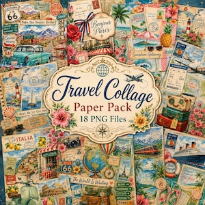 Puede incluir: Un collage de imágenes con temática de viajes, que incluye postales, billetes e ilustraciones vintage. El diseño central presenta el texto "Travel Collage Paper Pack" con acentos florales y de globo. La paleta de colores incluye azules, verdes y rojos.