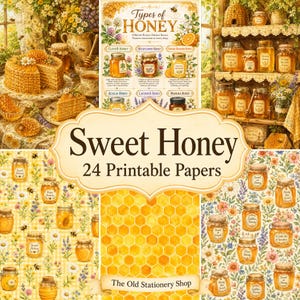 Może przedstawiać: Cyfrowa kolekcja 24 papierów do druku zatytułowana Sweet Honey, zawierająca ilustracje słoików z miodem, wzory plastra miodu, kompozycje kwiatowe oraz tabelę przedstawiającą rodzaje miodu, w tym koniczynowy, wielokwiatowy i manuka.