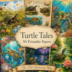 Paquete de papeles Turtle Tales, 30 páginas imprimibles de estilo vintage para diario creativo, álbumes de recortes de animales, papelería y decoración (descarga digital PNG).