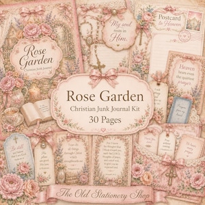 May include: A Rose Garden Christian junk journal kit featuring 30 pages of vintage-style stationery with floral motifs, religious text, and prayer-themed tags. The collection includes decorative paper, envelopes, and cards in soft pink and cream tones.