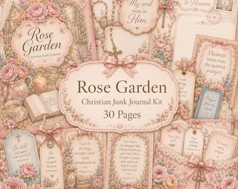 Rose Garden Christian Junk Journal Kit, 34 Pages Printable Paper Pack Stickers Card Tags Stamps Bible Verse Ephemera PNG DIGITAL DOWNLOAD