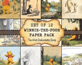May include: A set of 12 Winnie-the-Pooh paper pack featuring illustrations of the beloved bear and his friends. The paper pack includes various scenes and the text "The Old Stationery Shop".