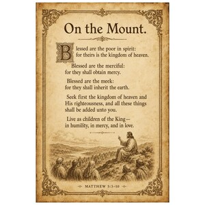 Puede incluir: Una impresi&oacute;n rectangular estilo pergamino titulada On the Mount, con texto en marr&oacute;n oscuro de vers&iacute;culos b&iacute;blicos y una ilustraci&oacute;n detallada de una figura ense&ntilde;ando a una multitud en una colina, todo dentro de un borde decorativo vintage.
