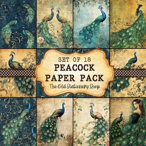 Peacock Paper Pack, 18 pagina's vintage junk Journal, vogel afdrukbare scrapbooking ephemera antieke planner inserts briefpapier digitale DOWNLOAD