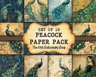 May include: A set of 18 digital papers featuring peacock designs in various colors and patterns. The papers are perfect for scrapbooking, card making, and other crafting projects. The text on the image reads "Set of 18 Peacock Paper Pack The Old Stationery Shop".