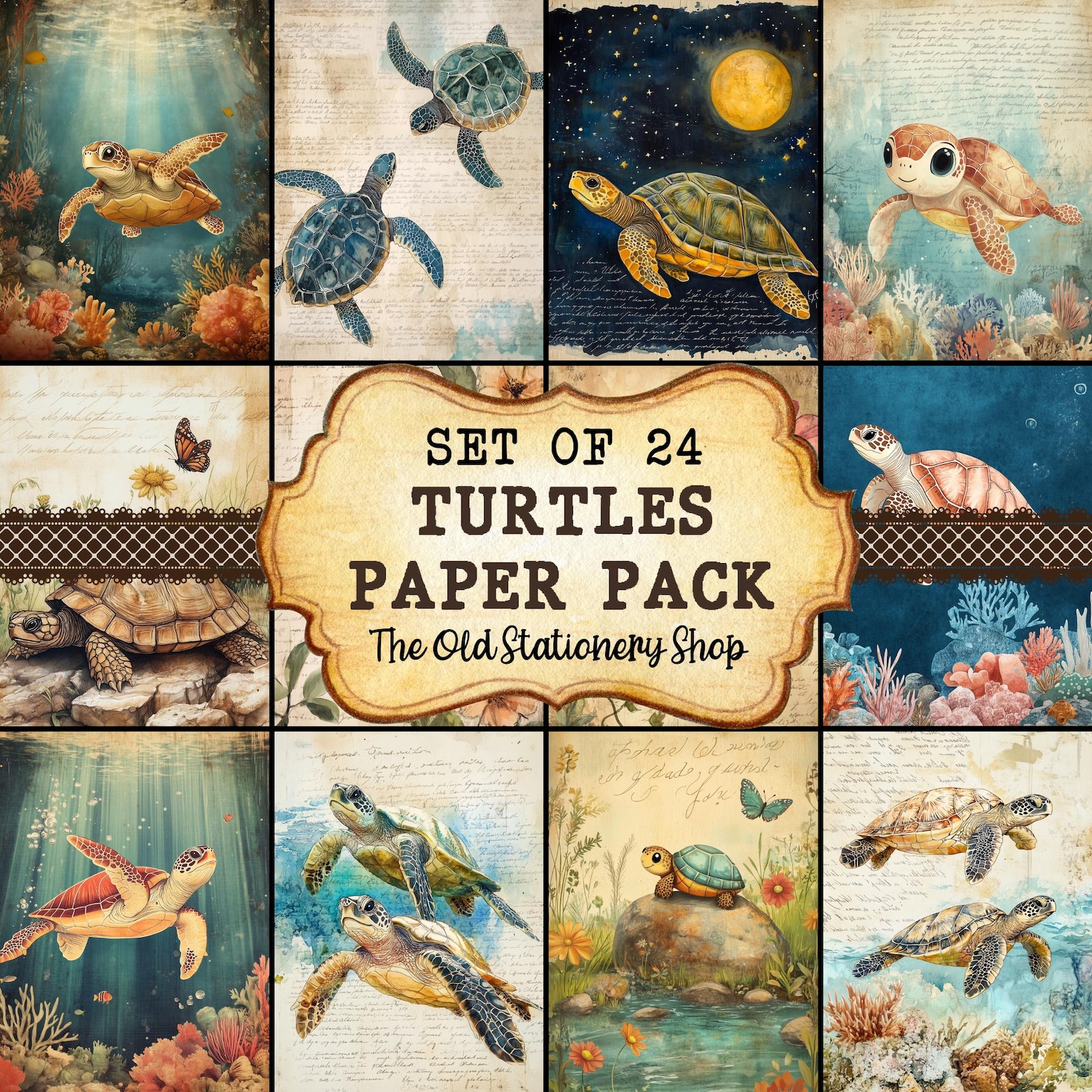Vintage Turtles Paper Pack - 24 Pages Turtle Junk Journal Printable ...