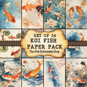Koi Fisch Papier - 24 Seiten Vintage Junk Journal Druckbare Scrapbooking Blätter Meer Ozean Ephemera Antikes Briefpapier PNG DIGITAL DOWNLOAD