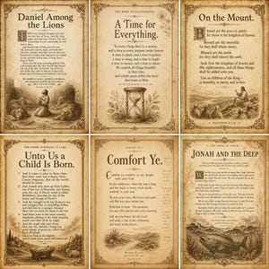 Puede incluir: Un conjunto de seis p&oacute;steres de estilo vintage con pasajes b&iacute;blicos y bordes decorativos ornamentados. Cada impresi&oacute;n muestra ilustraciones y tipograf&iacute;a en tonos sepia, incluyendo t&iacute;tulos como Daniel Among the Lions, A Time for Everything y Jonah and the Deep.