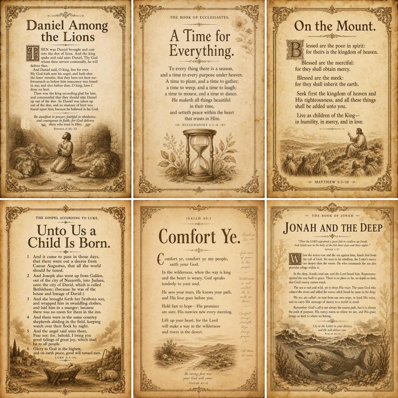 Puede incluir: Un conjunto de seis p&oacute;steres de estilo vintage con pasajes b&iacute;blicos y bordes decorativos ornamentados. Cada impresi&oacute;n muestra ilustraciones y tipograf&iacute;a en tonos sepia, incluyendo t&iacute;tulos como Daniel Among the Lions, A Time for Everything y Jonah and the Deep.